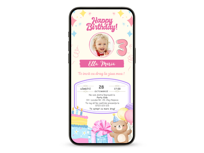 Invitatie Zi De Nastere Animata, Pink Happy Girl-BalloonEvents.ro