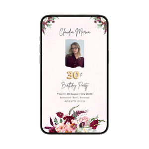 Invitatie Zi De Nastere Burgundy Flowers, Format Digital