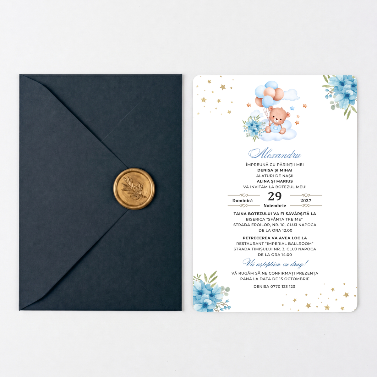 Invitatie Botez My Baby Boy, Hartie Texturata, Plic Cartonat si Sigiliu Ceara Inclus-BalloonEvents.ro