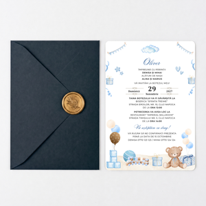 Invitatie Botez Balloon Ursuletul Jucaus, Hartie Texturata, Plic Cartonat si Sigiliu Ceara Inclus