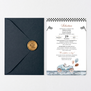 Invitatie Botez Racing, Hartie Texturata, Plic Cartonat si Sigiliu Ceara Inclus