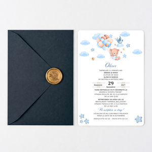Invitatie Botez Balloon Bouquet Boy, Hartie Texturata, Plic Cartonat si Sigiliu Ceara Inclus