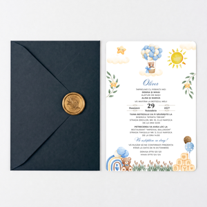 Invitatie Botez Baby Toys, Hartie Texturata, Plic Cartonat si Sigiliu Ceara Inclus