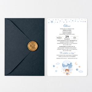 Invitatie Botez Hot Air Balloon Boy, Hartie Texturata, Plic Cartonat si Sigiliu Ceara Inclus