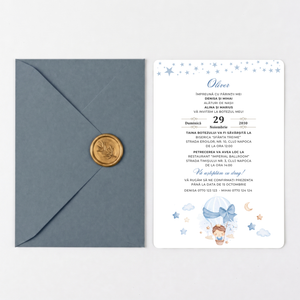 Invitatie Botez Hot Air Balloon Boy, Hartie Texturata, Plic Cartonat si Sigiliu Ceara Inclus