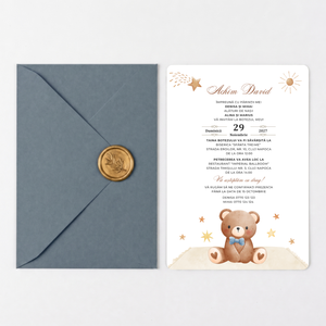 Invitatie Botez Ursuletul Martinel, Hartie Texturata, Plic Cartonat si Sigiliu Ceara Inclus