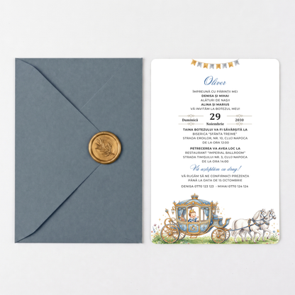 Invitatie Botez Royal Baby Prince, Hartie Texturata, Plic Cartonat si Sigiliu Ceara Inclus