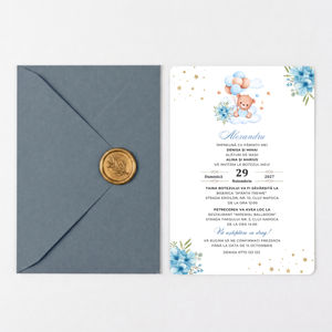 Invitatie Botez My Baby Boy, Hartie Texturata, Plic Cartonat si Sigiliu Ceara Inclus
