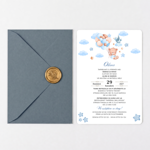 Invitatie Botez Balloon Bouquet Boy, Hartie Texturata, Plic Cartonat si Sigiliu Ceara Inclus