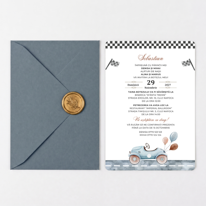 Invitatie Botez Racing, Hartie Texturata, Plic Cartonat si Sigiliu Ceara Inclus