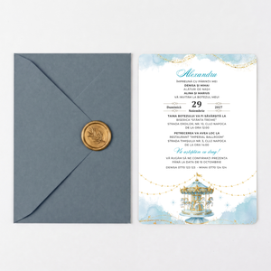 Invitatie Botez Carousel, Hartie Texturata, Plic Cartonat si Sigiliu Ceara Inclus