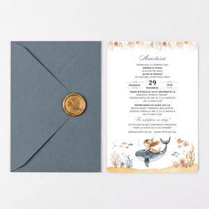 Invitatie Botez Ocean Princess, Hartie Texturata, Plic Cartonat si Sigiliu Ceara Inclus