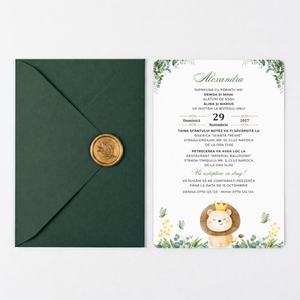 Invitatie Botez Lion, Hartie Texturata, Plic Cartonat si Sigiliu Ceara Inclus