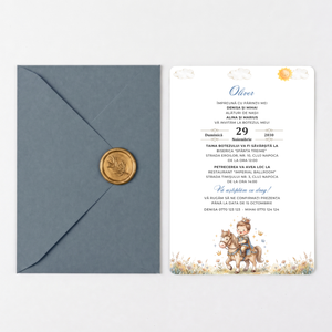 Invitatie Botez Courageous Baby Boy, Hartie Texturata, Plic Cartonat si Sigiliu Ceara Inclus