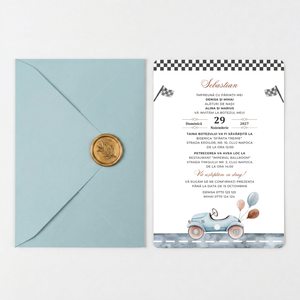 Invitatie Botez Racing, Hartie Texturata, Plic Cartonat si Sigiliu Ceara Inclus