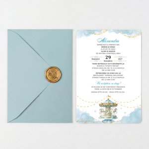 Invitatie Botez Carousel, Hartie Texturata, Plic Cartonat si Sigiliu Ceara Inclus