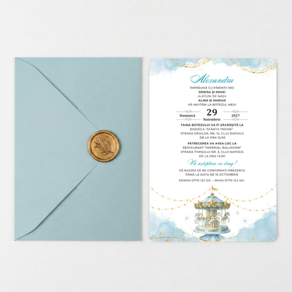 Invitatie Botez Carousel, Hartie Texturata, Plic Cartonat si Sigiliu Ceara Inclus