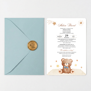 Invitatie Botez Ursuletul Martinel, Hartie Texturata, Plic Cartonat si Sigiliu Ceara Inclus