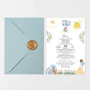 Invitatie Botez Baby Toys, Hartie Texturata, Plic Cartonat si Sigiliu Ceara Inclus