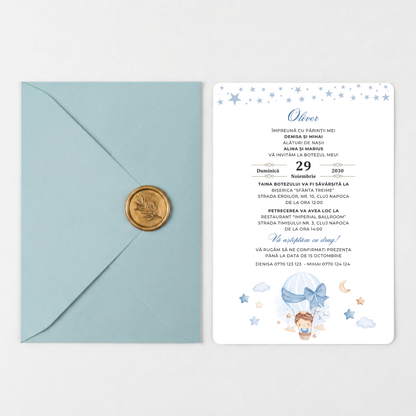 Invitatie Botez Hot Air Balloon Boy, Hartie Texturata, Plic Cartonat si Sigiliu Ceara Inclus