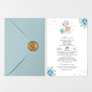 Invitatie Botez My Baby Boy, Hartie Texturata, Plic Cartonat si Sigiliu Ceara Inclus