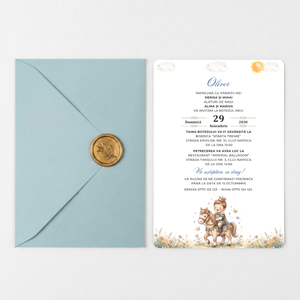 Invitatie Botez Courageous Baby Boy, Hartie Texturata, Plic Cartonat si Sigiliu Ceara Inclus