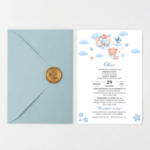 Invitatie Botez Balloon Bouquet Boy, Hartie Texturata, Plic Cartonat si Sigiliu Ceara Inclus
