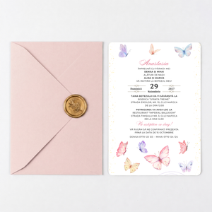 Invitatie Botez Butterfly, Hartie Texturata, Plic Cartonat si Sigiliu Ceara Inclus