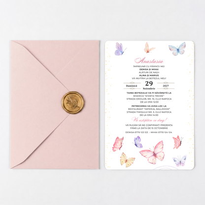 Invitatie Botez Butterfly, Hartie Texturata, Plic Cartonat si Sigiliu Ceara Inclus