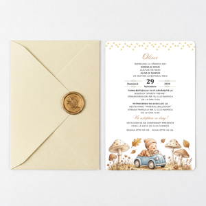 Invitatie Botez My Racing Boy, Hartie Texturata, Plic Cartonat si Sigiliu Ceara Inclus