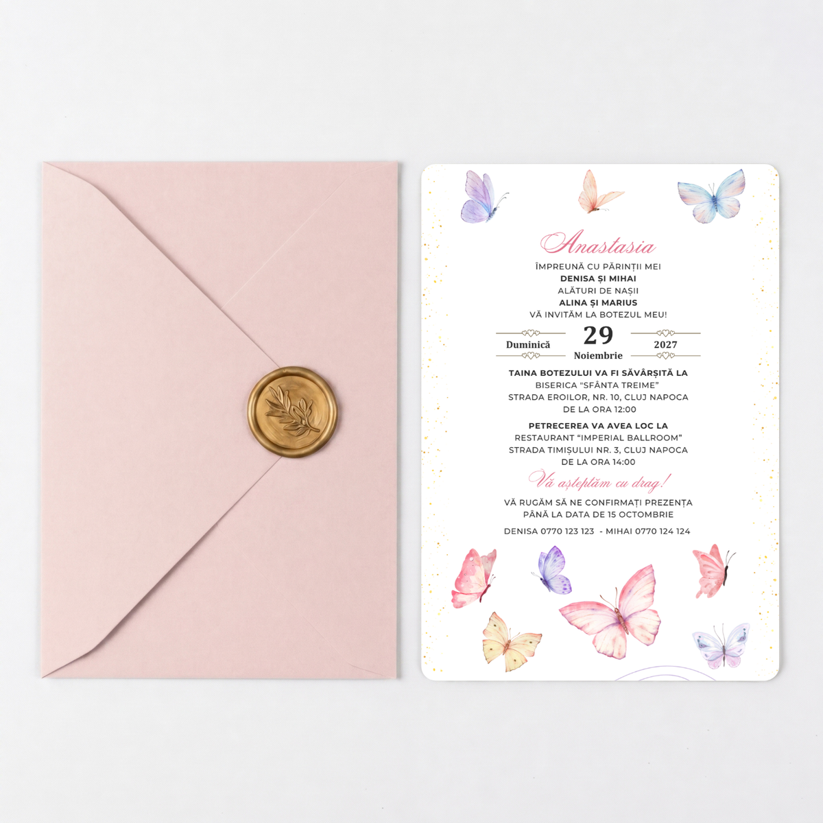 Invitatie Botez Butterfly, Hartie Texturata, Plic Cartonat si Sigiliu Ceara Inclus-BalloonEvents.ro