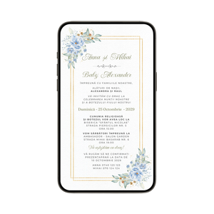 Invitatie 2 In 1 Nunta-Botez Blue Retro Goldie, Format Digitala-BalloonEvents.ro