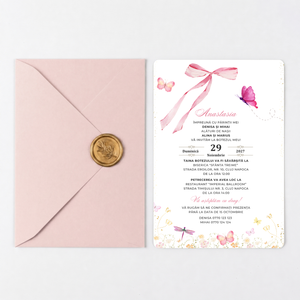 Invitatie Botez Fluturasi si Fundita, Hartie Texturata, Plic Cartonat si Sigiliu Ceara Inclus