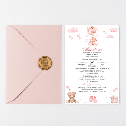 Invitatie Botez My Baby Girl, Hartie Texturata, Plic Cartonat si Sigiliu Ceara Inclus