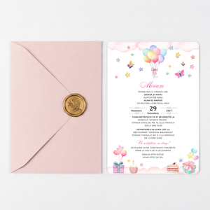 Invitatie Botez Balloon, Hartie Texturata, Plic Cartonat si Sigiliu Ceara Inclus