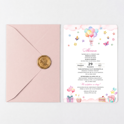 Invitatie Botez Balloon, Hartie Texturata, Plic Cartonat si Sigiliu Ceara Inclus