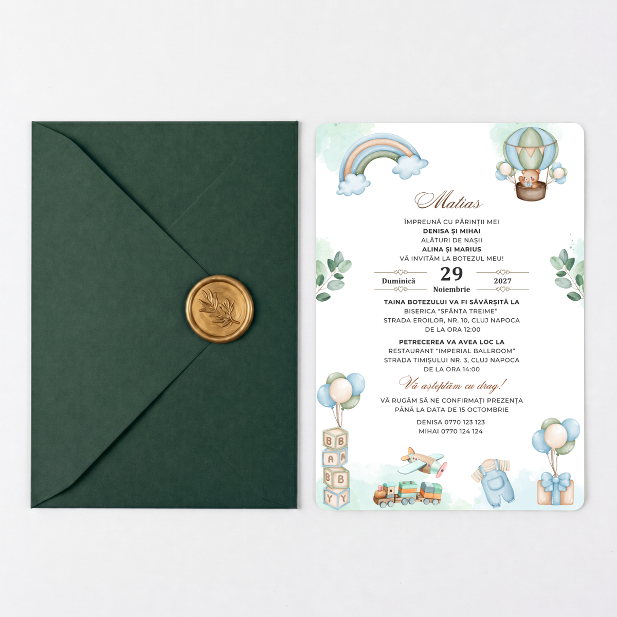 Invitatie Botez Balloon Play, Hartie Texturata, Plic Cartonat si Sigiliu Ceara Inclus-BalloonEvents.ro
