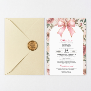 Invitatie Botez Azur, Hartie Texturata, Plic Cartonat si Sigiliu Ceara Inclus