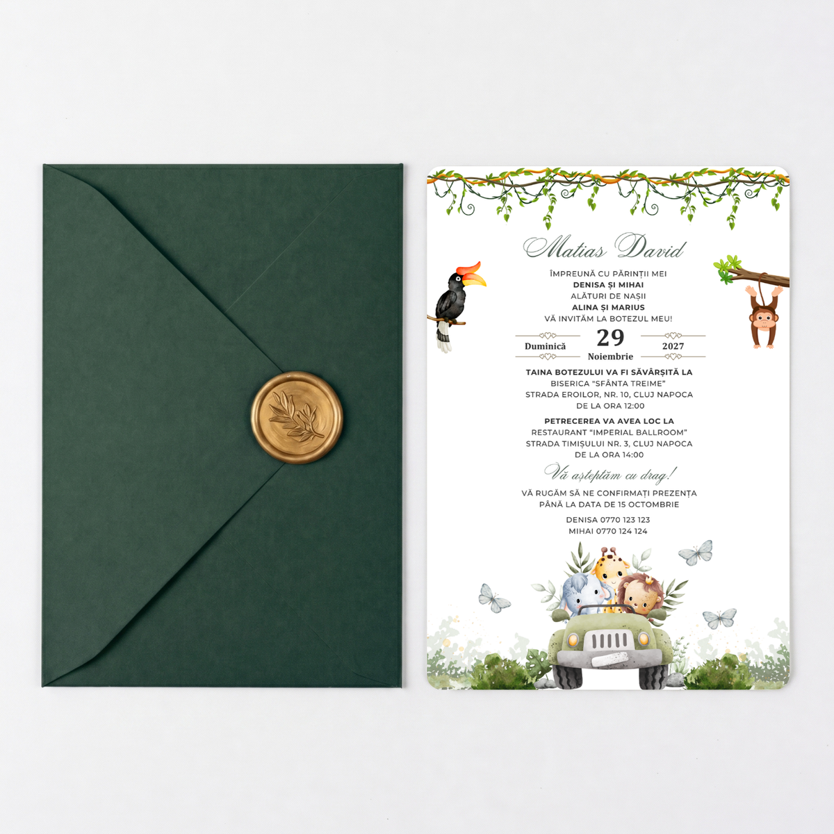 Invitatie Safari Green, Hartie Texturata, Plic Cartonat si Sigiliu Ceara Inclus-BalloonEvents.ro