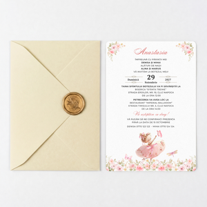 Invitatie Botez Balerina, Hartie Texturata, Plic Cartonat si Sigiliu Ceara Inclus