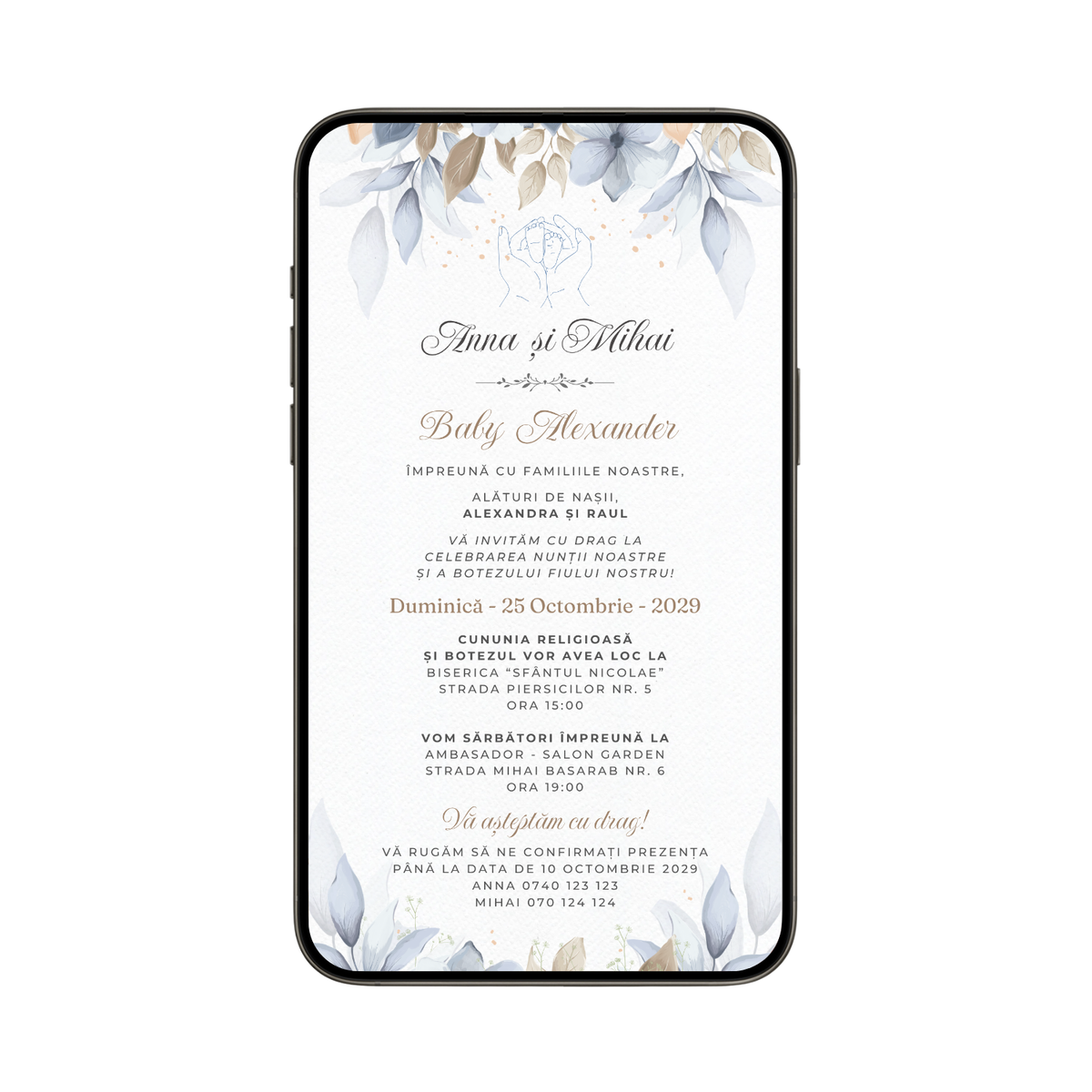 Invitatie 2 In 1 Nunta-Botez Blue, Format Digitala-BalloonEvents.ro