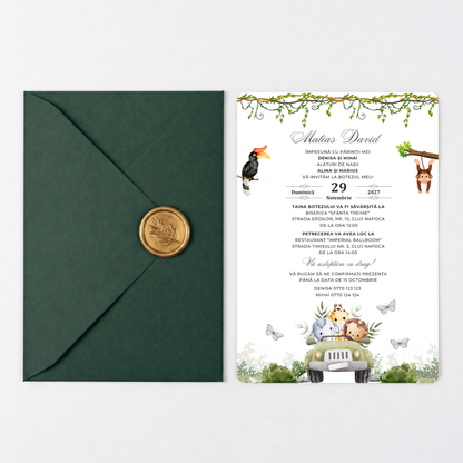 Invitatie Safari Green, Hartie Texturata, Plic Cartonat si Sigiliu Ceara Inclus