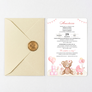 Invitatie Botez Ursuletul Jucaus, Hartie Texturata, Plic Cartonat si Sigiliu Ceara Inclus