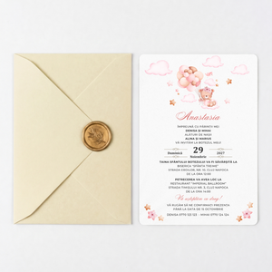 Invitatie Botez Balloon Bouquet Girl, Hartie Texturata, Plic Cartonat si Sigiliu Ceara Inclus