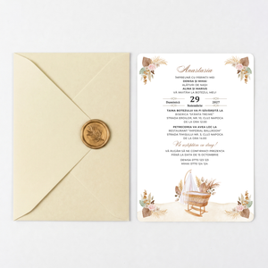 Invitatie Botez Boho, Hartie Texturata, Plic Cartonat si Sigiliu Ceara Inclus