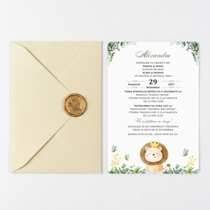 Invitatie Botez Lion, Hartie Texturata, Plic Cartonat si Sigiliu Ceara Inclus