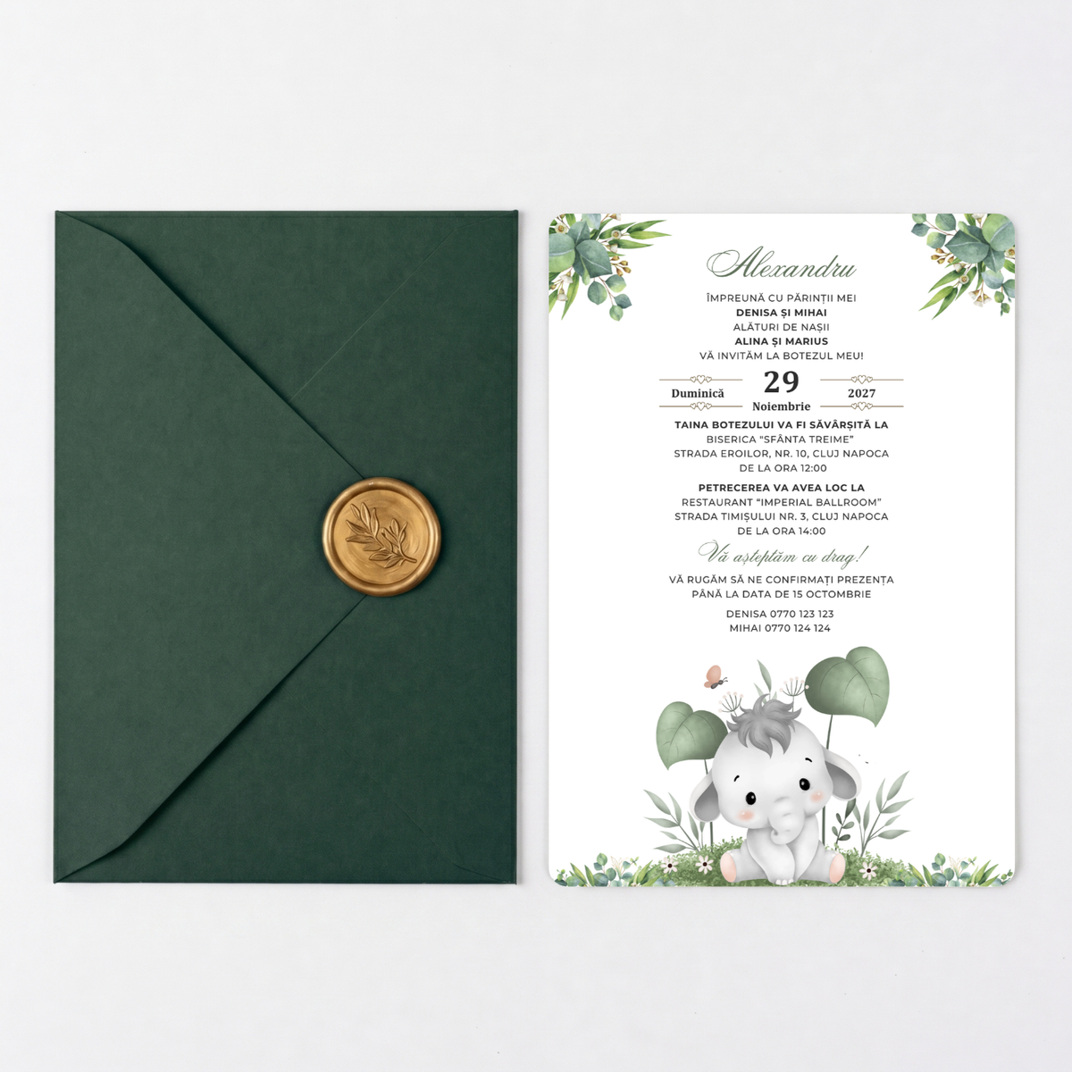 Invitatie Botez Micutul Elefantel, Hartie Texturata, Plic Cartonat si Sigiliu Ceara Inclus-BalloonEvents.ro