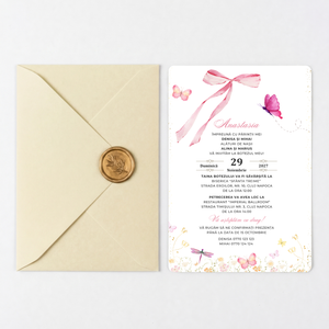 Invitatie Botez Fluturasi si Fundita, Hartie Texturata, Plic Cartonat si Sigiliu Ceara Inclus