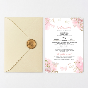 Invitatie Botez Lilibet, Hartie Texturata, Plic Cartonat si Sigiliu Ceara Inclus