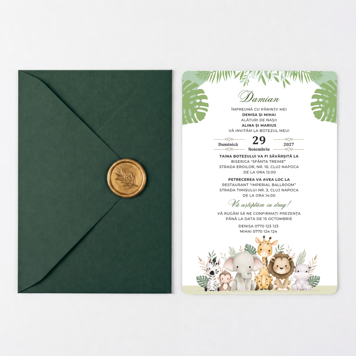 Invitatie Botez Safari Time, Hartie Texturata, Plic Cartonat si Sigiliu Ceara Inclus-BalloonEvents.ro
